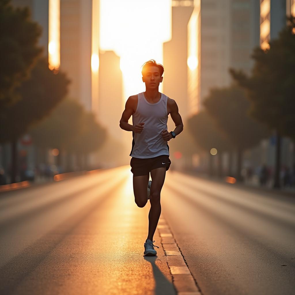 Vận động viên chạy marathon thể hiện sự kỷ luật và quyết tâm vào buổi sáng sớm