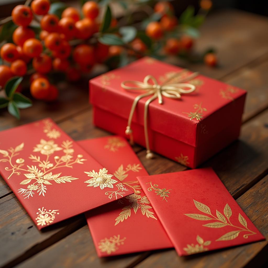 Văn hóa tặng quà Tết Việt Nam với phong bì lì xì đỏ truyền thống và hộp quà trang trí
