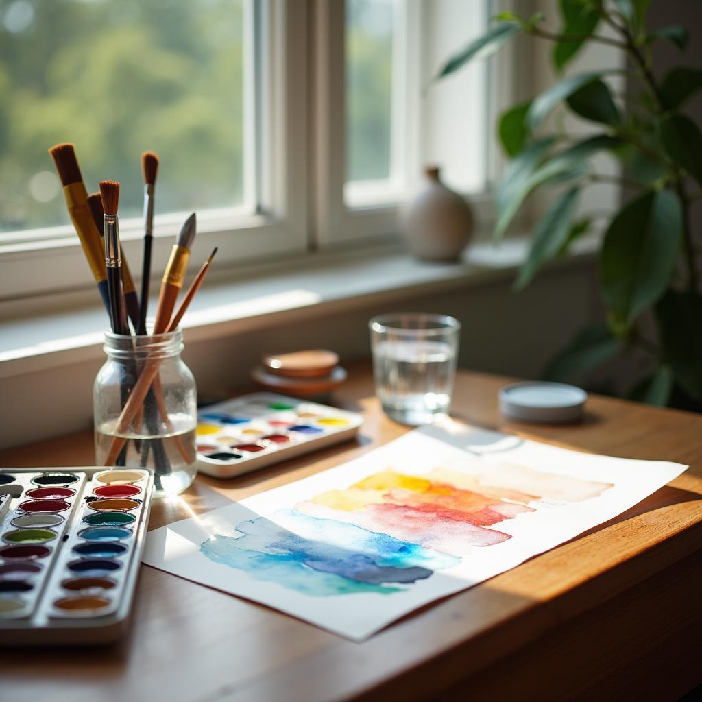 Không gian vẽ màu nước yên bình với bảng màu và cọ vẽ trên bàn làm việc