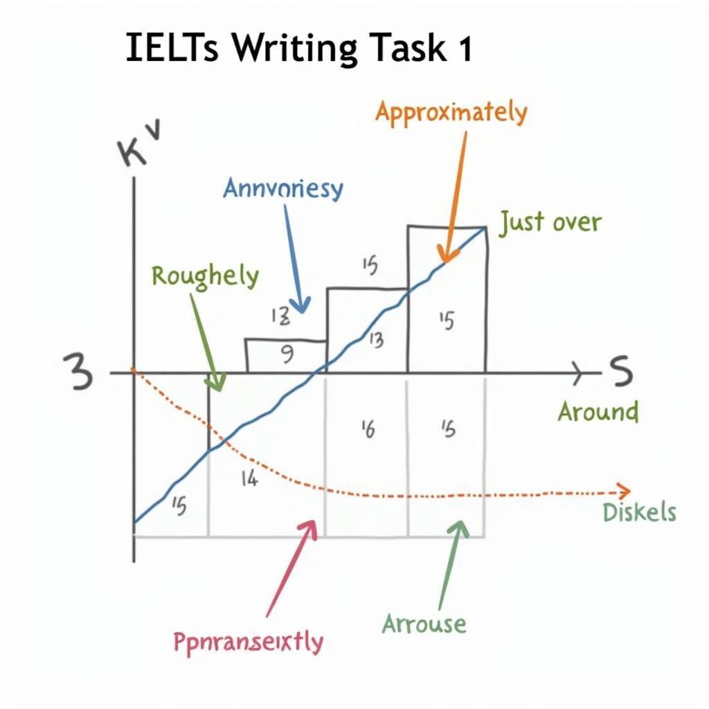Ví dụ minh họa cách sử dụng around about approximately trong IELTS Writing Task 1 với biểu đồ cột và đường