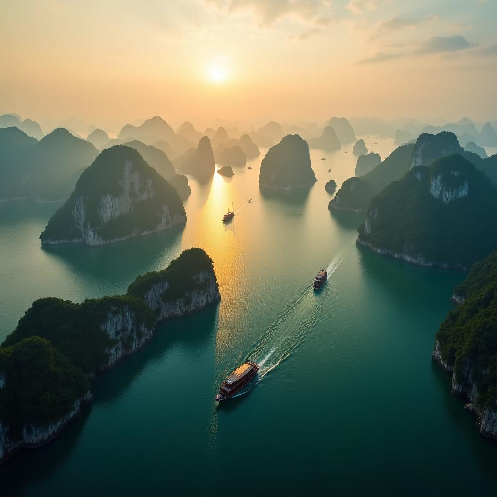 Vịnh Hạ Long với hàng nghìn đảo đá vôi nhô lên từ mặt nước xanh biếc, cảnh quan thiên nhiên nổi tiếng của Việt Nam