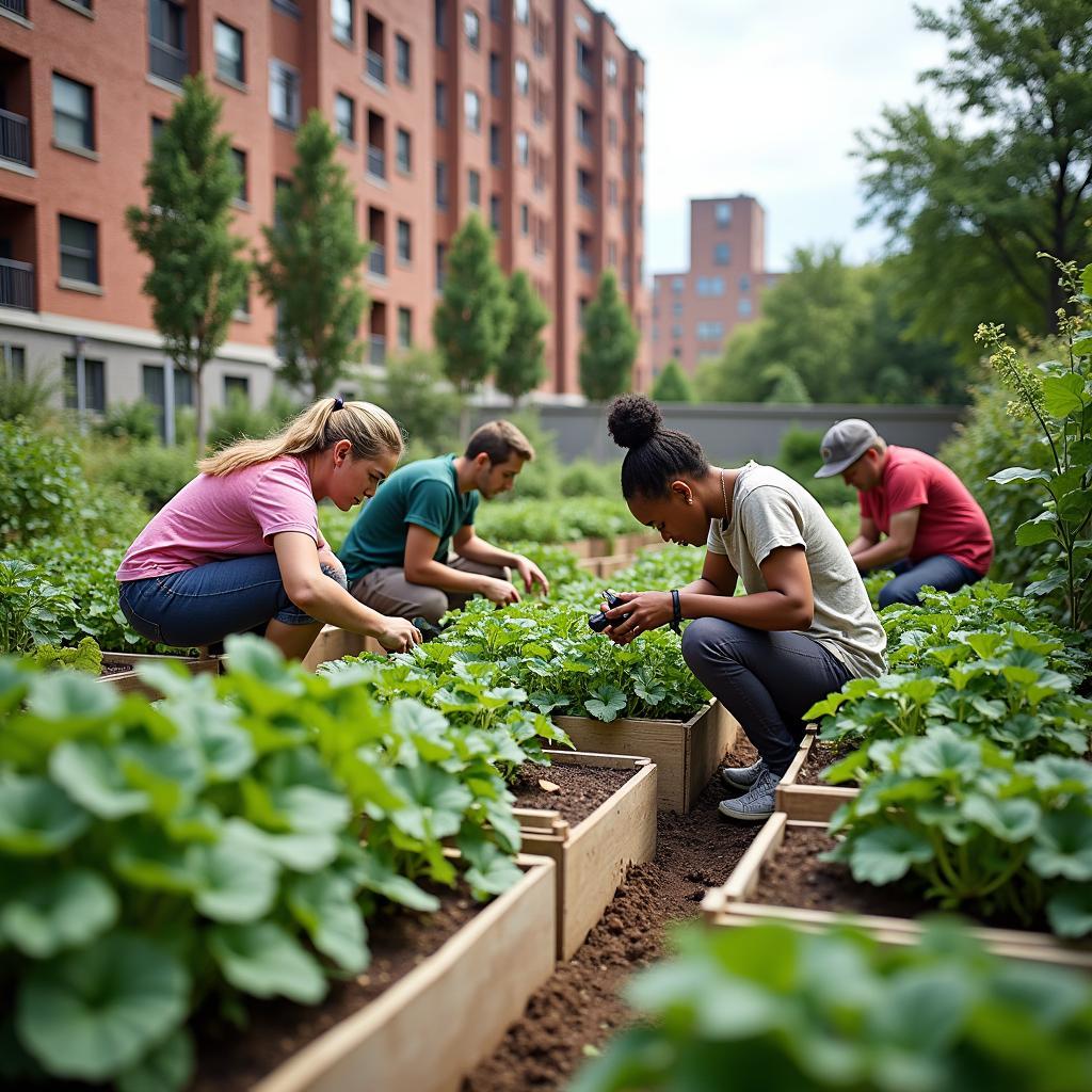 Vườn cộng đồng trong thành phố hiện đại với người dân các lứa tuổi cùng tham gia