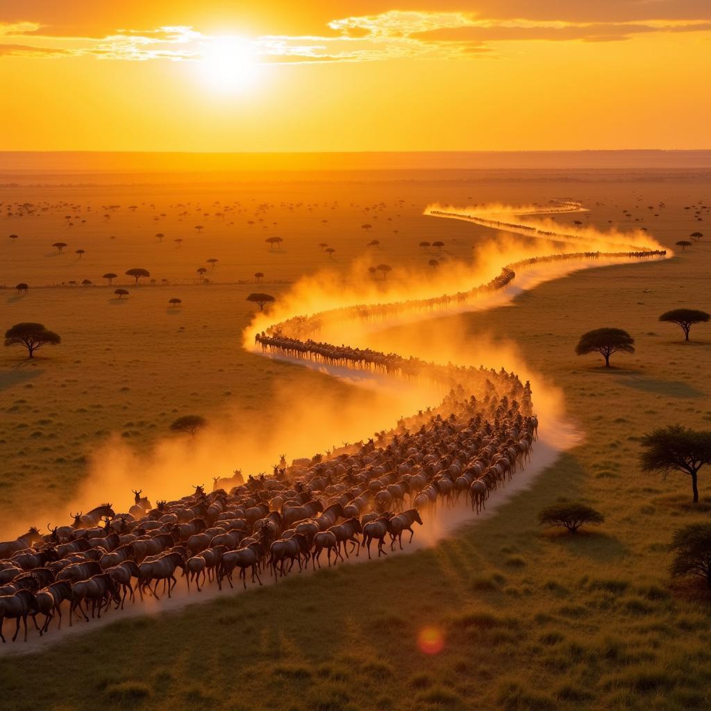 Cảnh đại di cư động vật hoang dã tại vườn quốc gia Serengeti với hàng nghìn ngựa vằn và linh dương di chuyển trên thảo nguyên rộng lớn