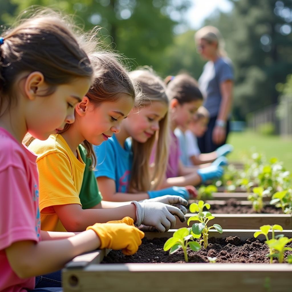 Học sinh tiểu học chăm sóc vườn rau trong sân trường với giáo viên hướng dẫn