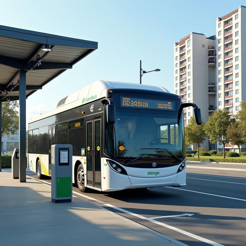 Xe buýt điện hiện đại đang sạc điện tại trạm sạc công cộng ở thành phố