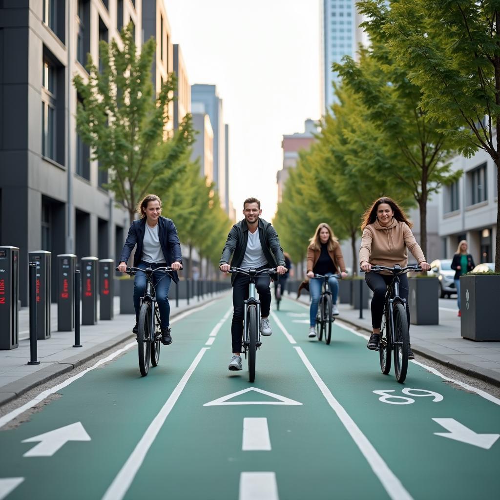 Người đi xe đạp điện trên làn đường riêng trong khu đô thị hiện đại với hệ thống giao thông thông minh