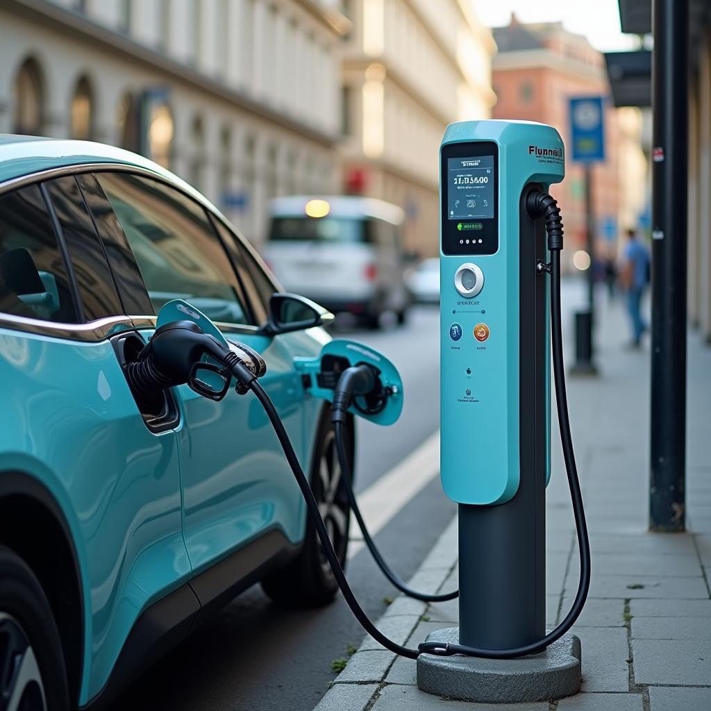 Xe điện đang sạc tại trạm công cộng với công nghệ sạc nhanh hiện đại minh họa cho sự phát triển của hạ tầng xe điện