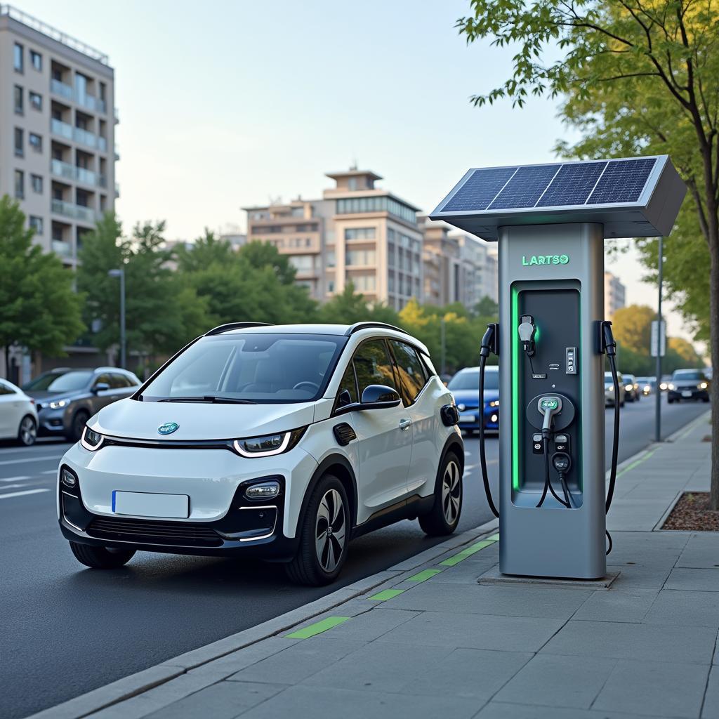 Xe điện đang sạc pin tại trạm sạc công cộng minh họa cho xu hướng giao thông bền vững