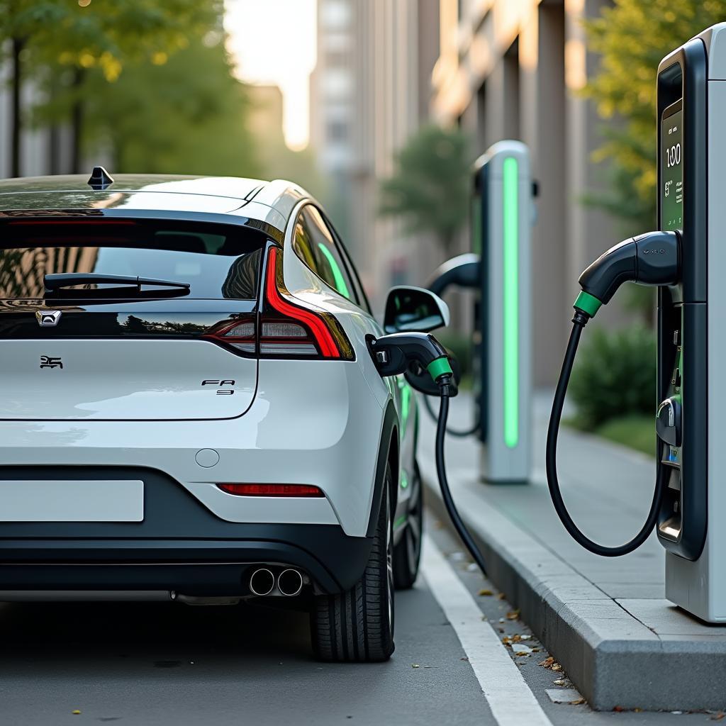 Xe điện đang sạc tại trạm sạc công cộng hiện đại với công nghệ sạc nhanh