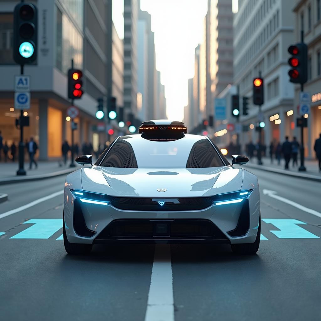 Minh họa xe tự lái hiện đại với công nghệ cảm biến thông minh trên đường phố đô thị