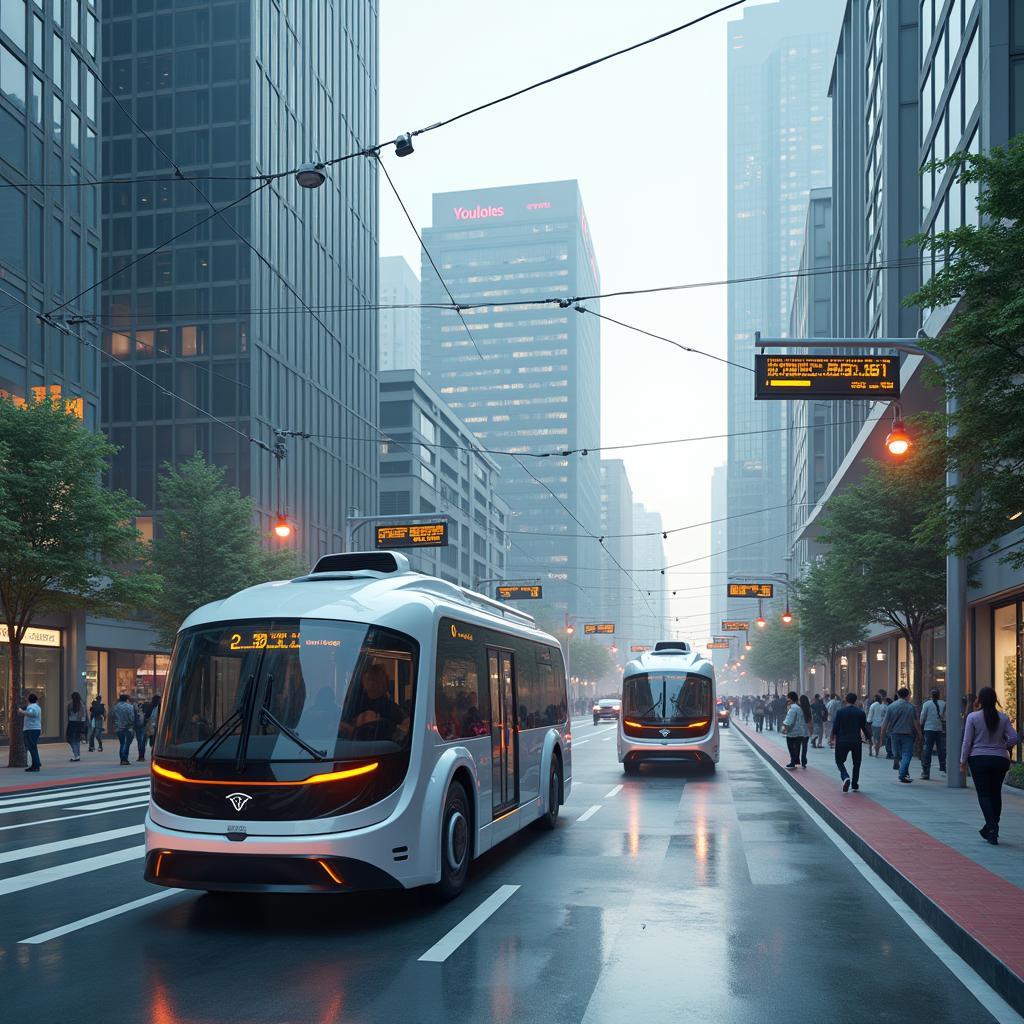 Minh họa xe tự lái tương lai và hệ thống giao thông công cộng thông minh hiện đại