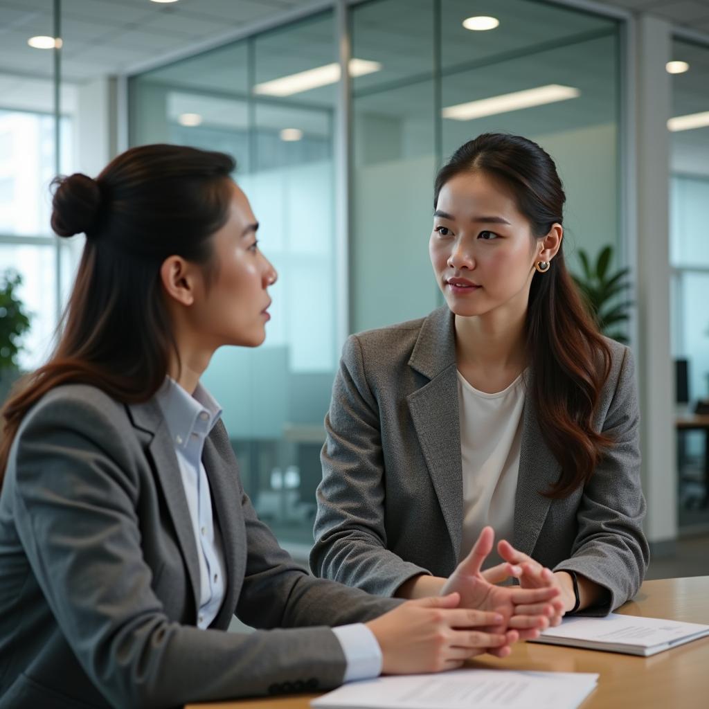 Người trẻ thể hiện kỹ năng xử lý cuộc trò chuyện khó khăn với đồng nghiệp trong môi trường chuyên nghiệp