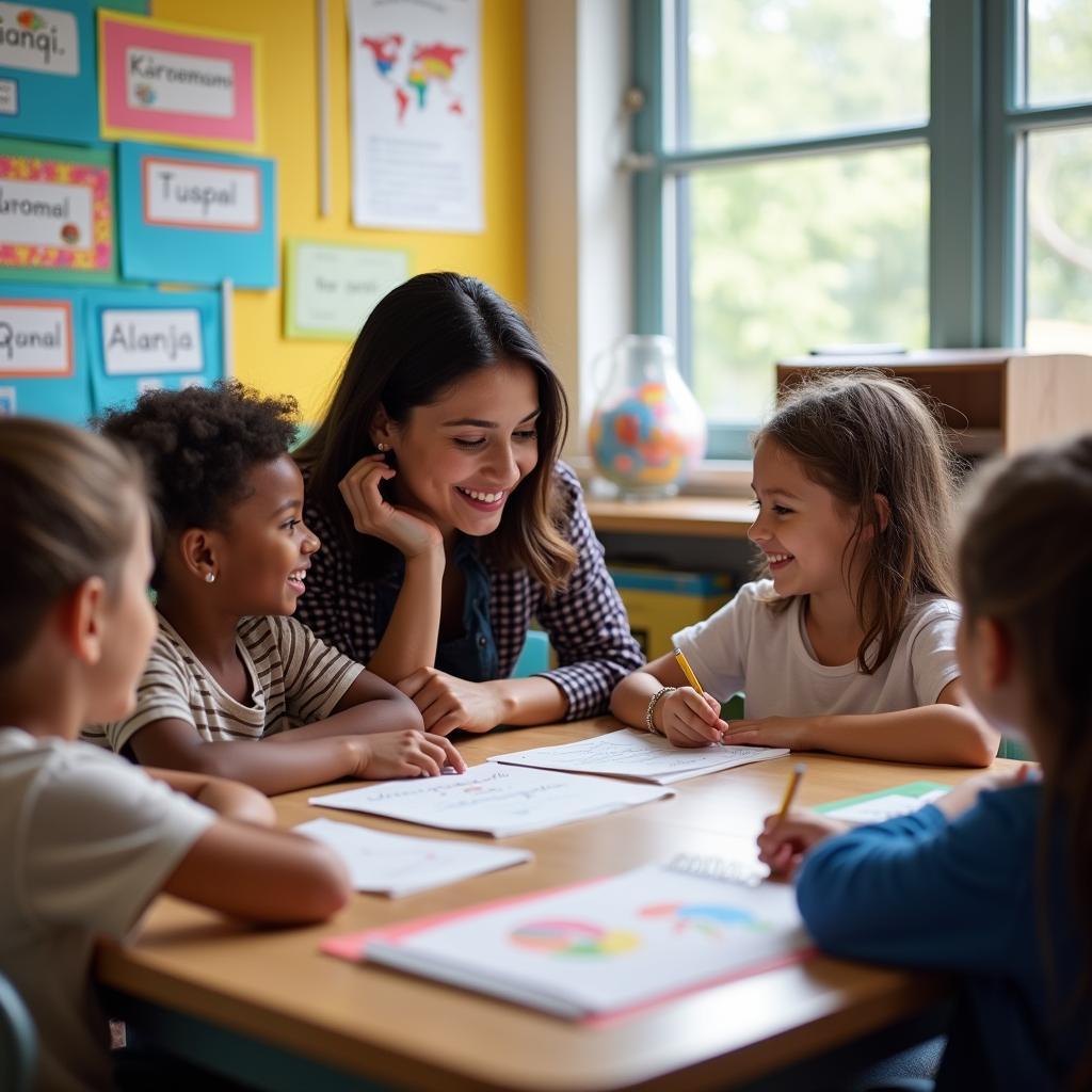 Học sinh đa văn hóa trong lớp học tiểu học với giáo viên hỗ trợ