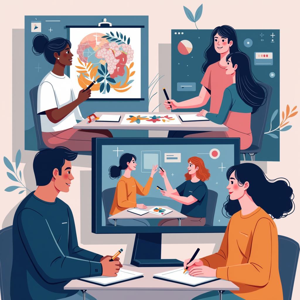 Học sinh từ nhiều quốc gia đang cùng làm việc trên dự án nghệ thuật số qua nền tảng ảo