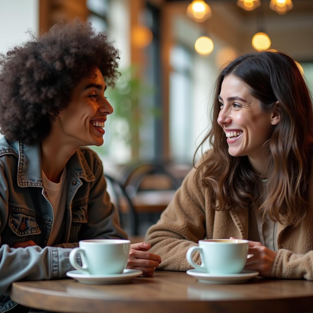 Hai người đang trò chuyện vui vẻ trong quán cafe thể hiện kỹ năng giao tiếp IELTS Speaking Part 1 chủ đề bạn bè